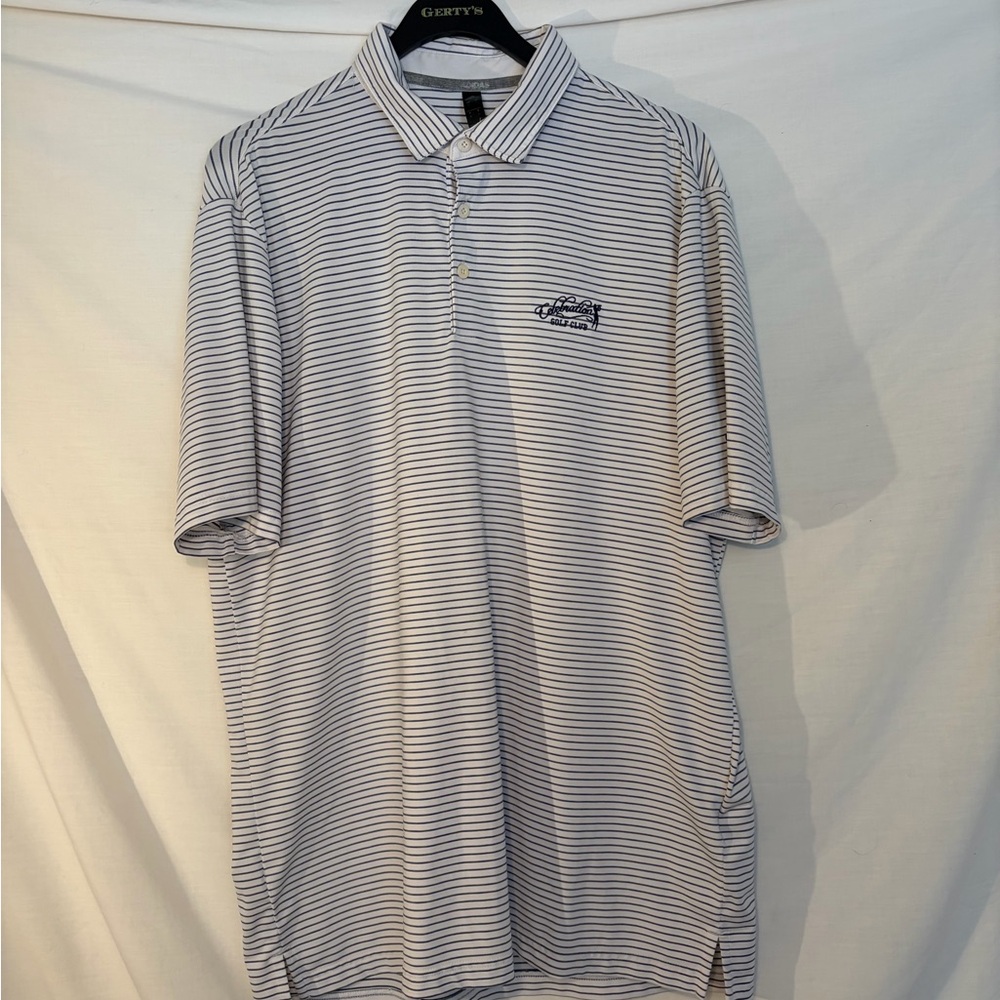 adidas White Polo with Thin Navy Stripes size large